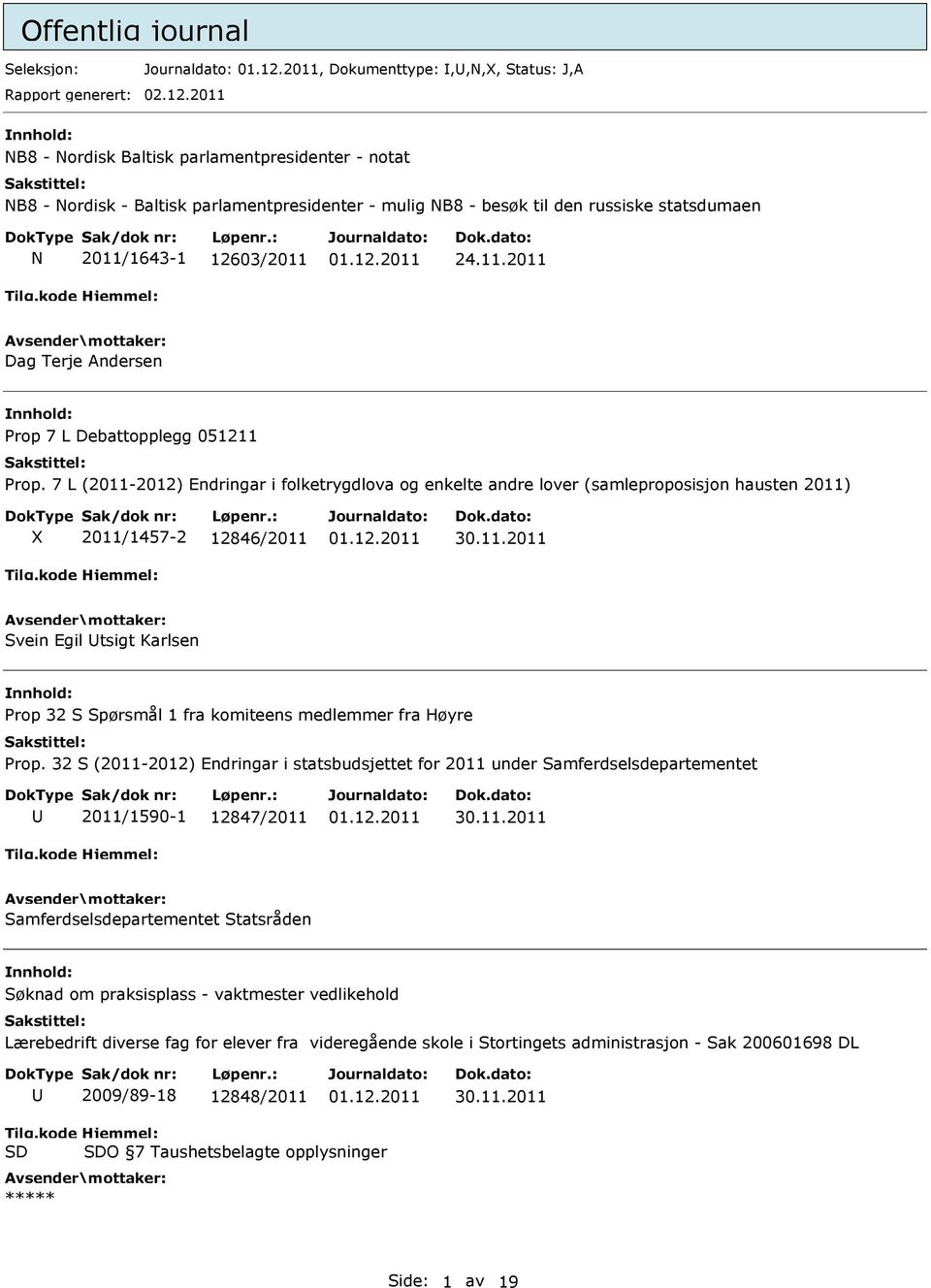 7 L (2011-2012) Endringar i folketrygdlova og enkelte andre lover (samleproposisjon hausten 2011) 2011/1457-2 12846/2011 Svein Egil tsigt Karlsen Prop 32 S Spørsmål 1 fra komiteens medlemmer fra