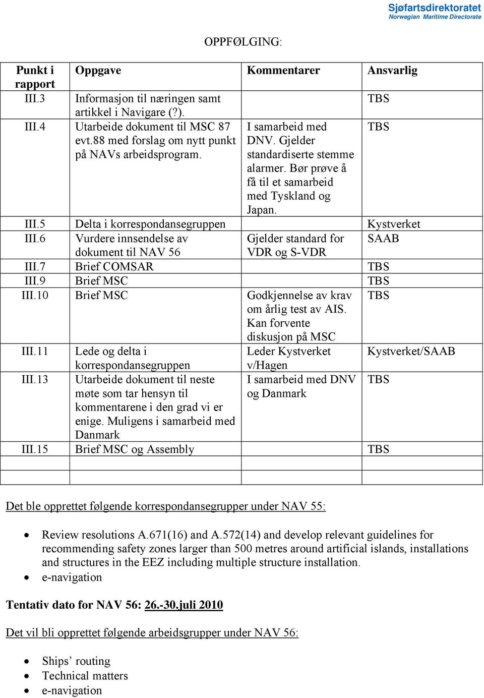 5 Delta i korrespondansegruppen Kystverket III.6 Vurdere innsendelse av Gjelder standard for SAAB dokument til NAV 56 VDR og S-VDR III.7 Brief COMSAR TBS III.9 Brief MSC TBS III.