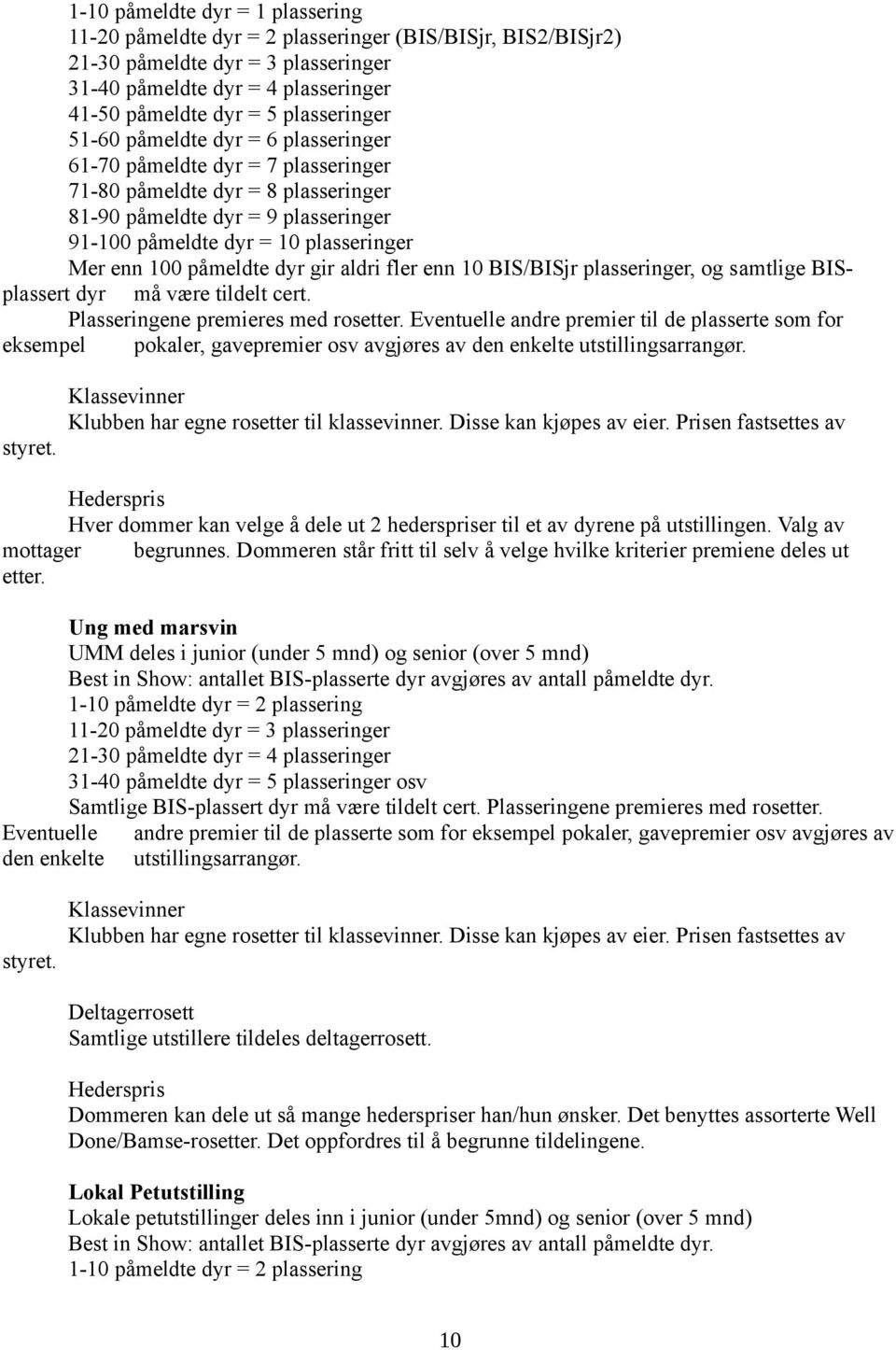 enn 100 påmeldte dyr gir aldri fler enn 10 BIS/BISjr plasseringer, og samtlige BISplassert dyr må være tildelt cert. Plasseringene premieres med rosetter.