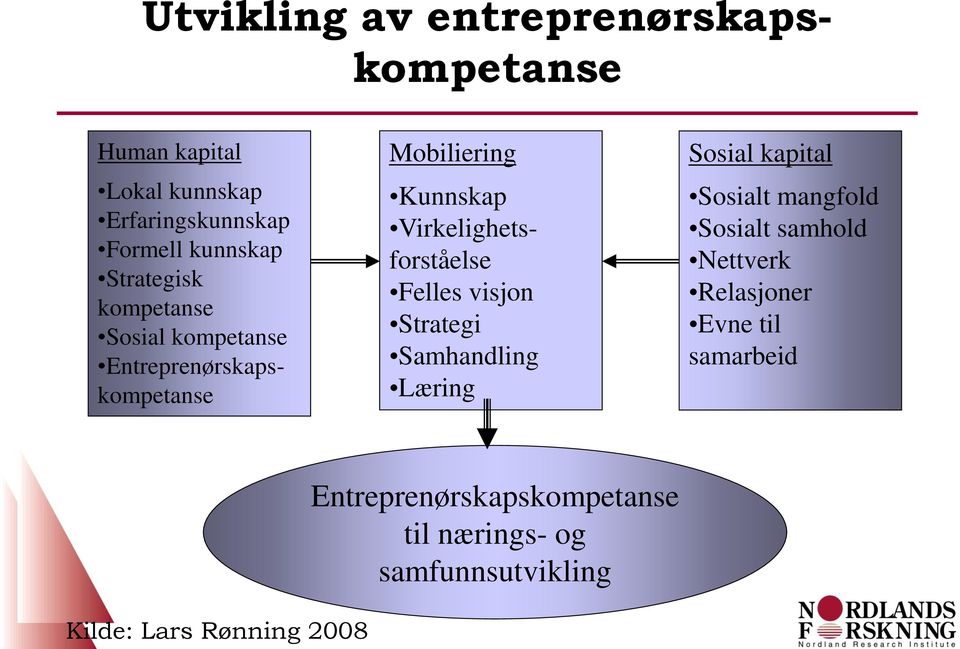 Virkelighetsforståelse Felles visjon Strategi Samhandling Læring Sosial kapital Sosialt mangfold Sosialt