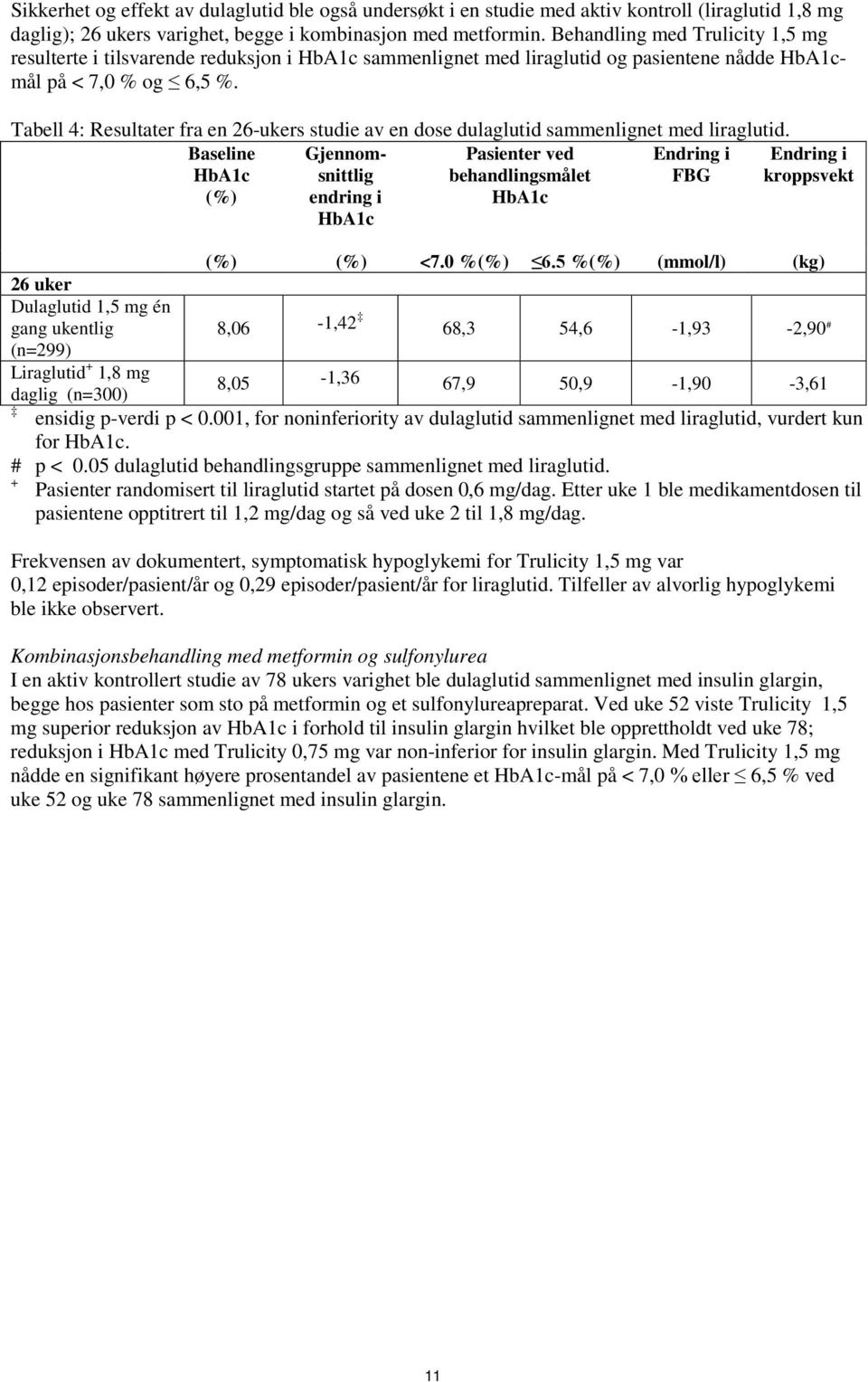 Tabell 4: Resultater fra en 26-ukers studie av en dose dulaglutid sammenlignet med liraglutid.