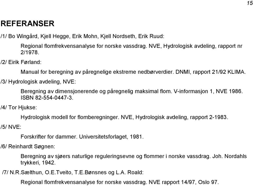 V-informasjon 1, NVE 1986. ISBN 82-554-0447-3. /4/ Tor Hjukse: Hydrologisk modell for flomberegninger. NVE, Hydrologisk avdeling, rapport 2-1983. /5/ NVE: Forskrifter for dammer.