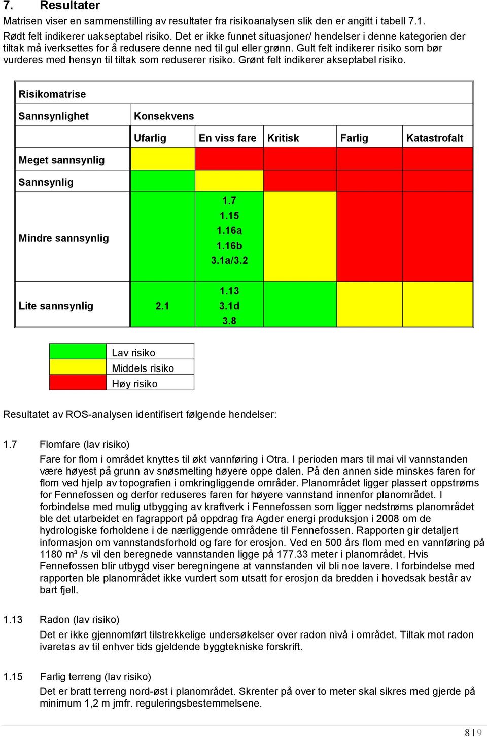 Gult felt indikerer risiko bør vurderes med hensyn til tiltak reduserer risiko. Grønt felt indikerer akseptabel risiko.