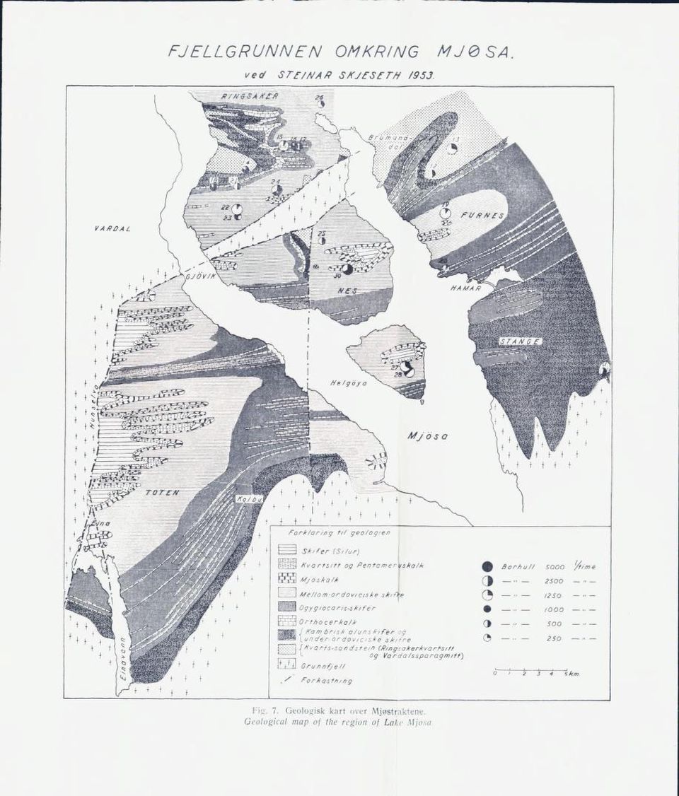 Geologisk kart over Mjøstraktene.