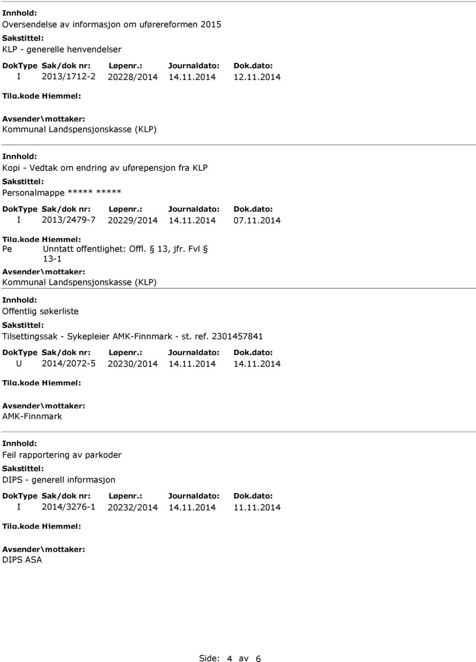 20229/2014 Kommunal Landspensjonskasse (KLP) nnhold: Offentlig søkerliste Tilsettingssak - Sykepleier AMK-Finnmark - st. ref.