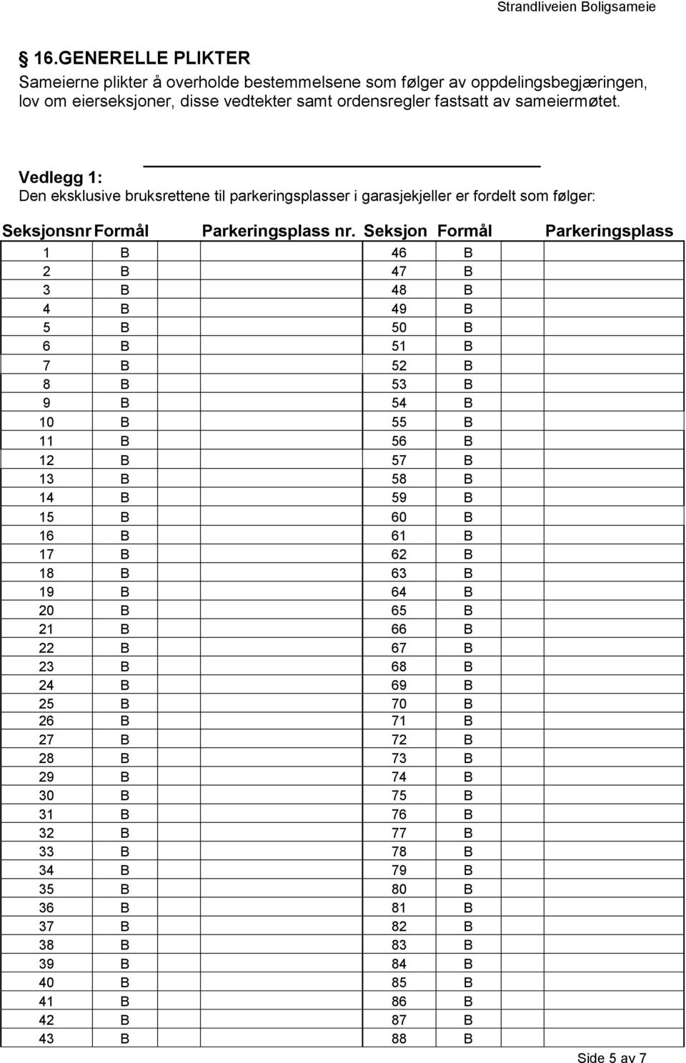 Seksjon Formål Parkeringsplass 1 B 46 B 2 B 47 B 3 B 48 B 4 B 49 B 5 B 50 B 6 B 51 B 7 B 52 B 8 B 53 B 9 B 54 B 10 B 55 B 11 B 56 B 12 B 57 B 13 B 58 B 14 B 59 B 15 B 60 B 16 B 61 B 17 B 62 B 18 B