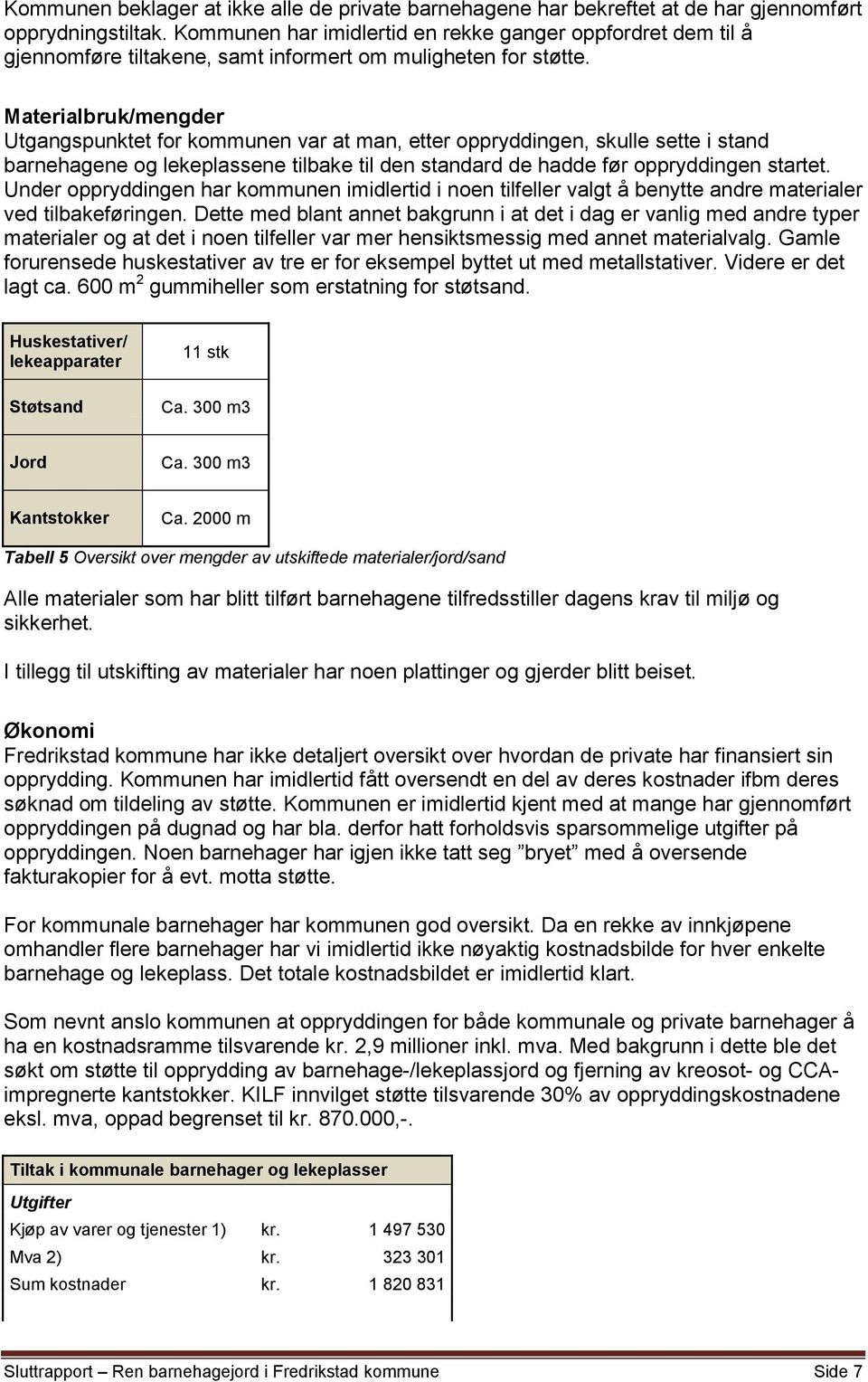 Materialbruk/mengder Utgangspunktet for kommunen var at man, etter oppryddingen, skulle sette i stand barnehagene og lekeplassene tilbake til den standard de hadde før oppryddingen startet.