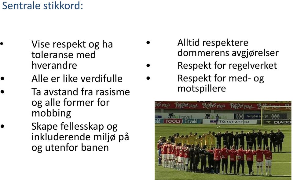 fellesskap og inkluderende miljø på og utenfor banen Alltid respektere