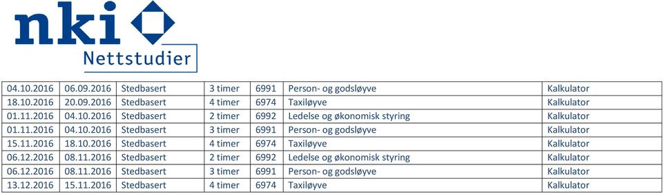 11.2016 18.10.2016 Stedbasert 4 timer 6974 Taxiløyve Kalkulator 06.12.2016 08.11.2016 Stedbasert 2 timer 6992 Ledelse og økonomisk styring Kalkulator 06.