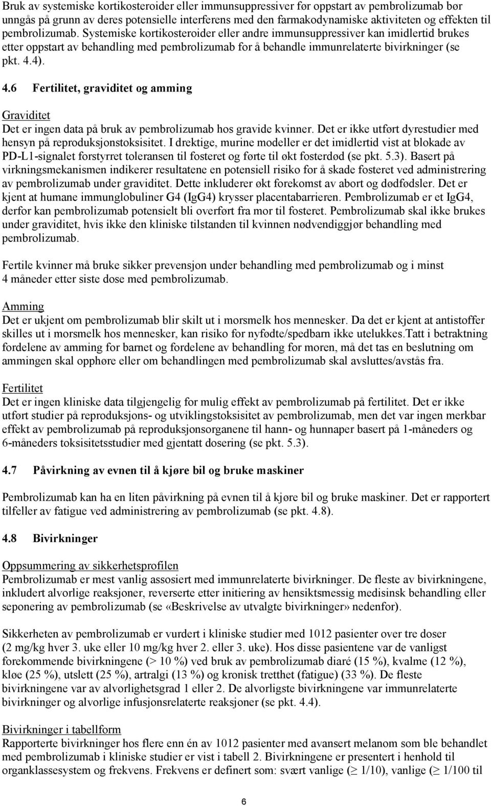 4.6 Fertilitet, graviditet og amming Graviditet Det er ingen data på bruk av pembrolizumab hos gravide kvinner. Det er ikke utført dyrestudier med hensyn på reproduksjonstoksisitet.