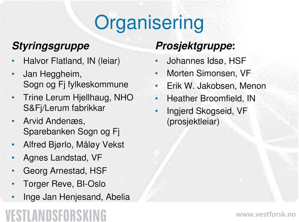 Landstad, VF Georg Arnestad, HSF Torger Reve, BI-Oslo Inge Jan Henjesand, Abelia Prosjektgruppe: Johannes