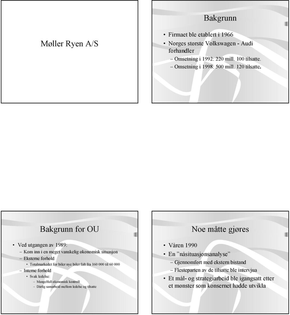 Bakgrunn for OU Ved utgangen av 1989: Kom inn i en meget vanskelig økonomisk situasjon Eksterne forhold Totalmarkedet for biler nye biler falt fra 160 000 til 60