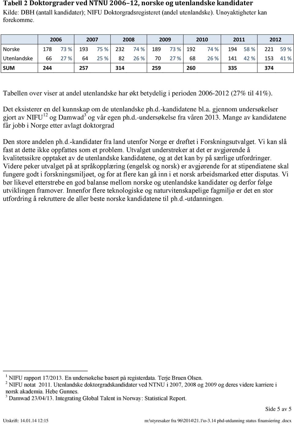 over viser at andel utenlandske har økt betydelig i perioden 2006-2012 (27% til 41%). Det eksisterer en del kunnskap om de utenlandske ph.d.-kandidatene bl.a. gjennom undersøkelser gjort av NIFU 12 og Damwad 3 og vår egen ph.