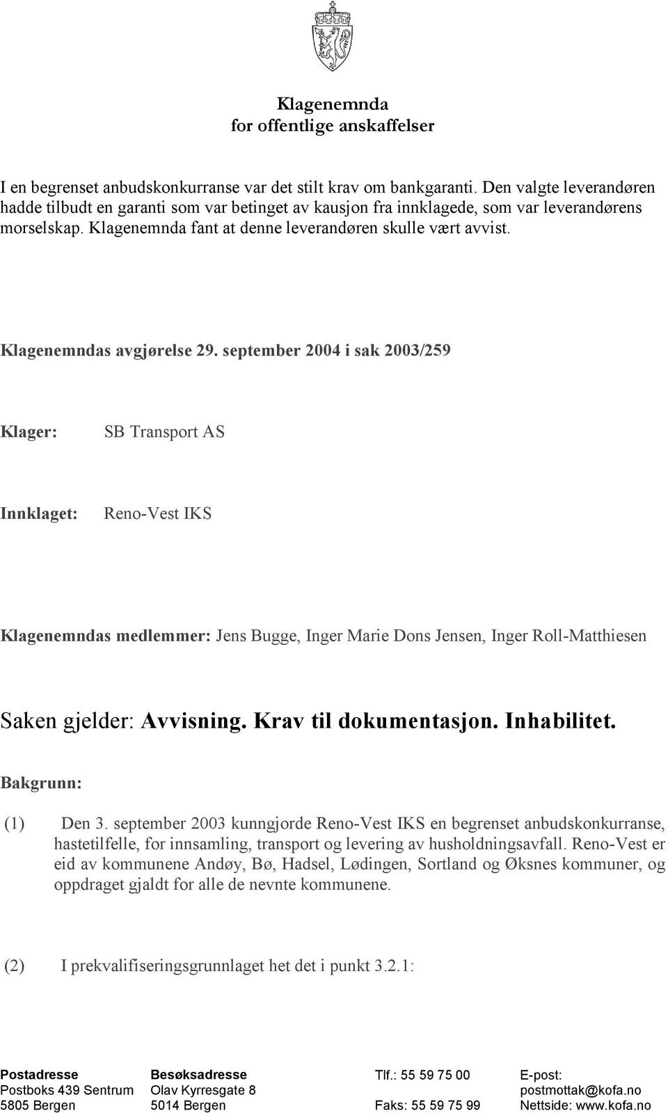 Klagenemndas avgjørelse 29.