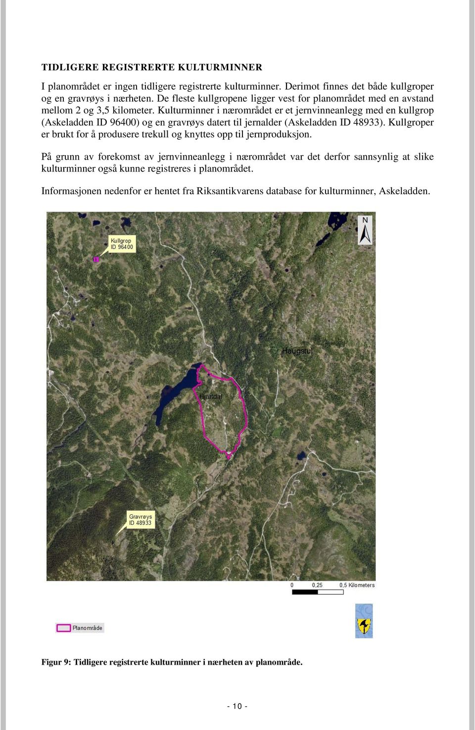 Kulturminner i nærområdet er et jernvinneanlegg med en kullgrop (Askeladden ID 96400) og en gravrøys datert til jernalder (Askeladden ID 48933).