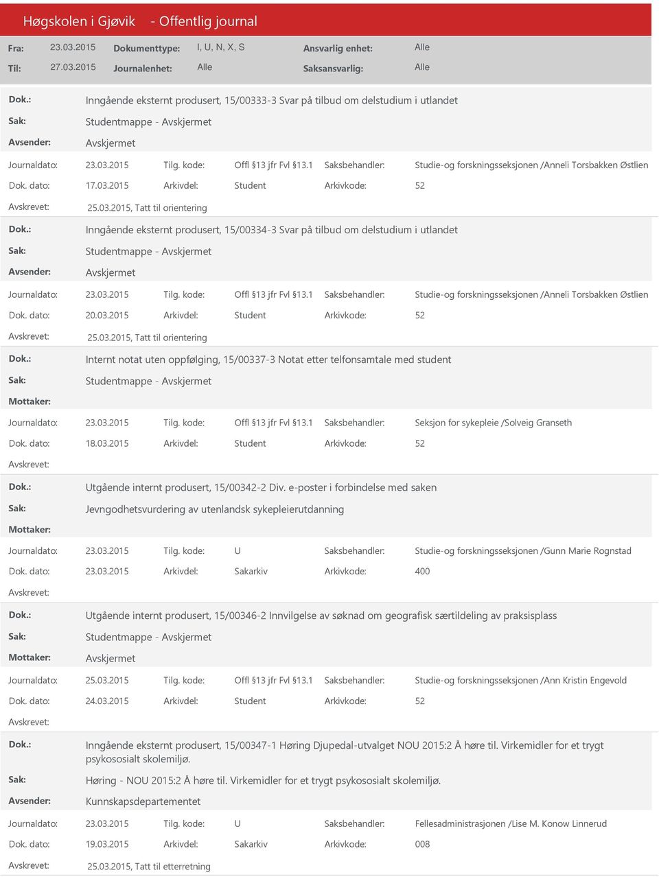 03.2015, Tatt til orientering Internt notat uten oppfølging, 15/00337-3 Notat etter telfonsamtale med student Studentmappe - Seksjon for sykepleie /Solveig Granseth Dok. dato: 18.03.2015 Arkivdel: Student tgående internt produsert, 15/00342-2 Div.