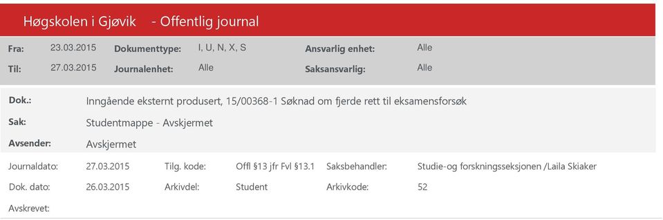 eksamensforsøk Studentmappe - Studie-og