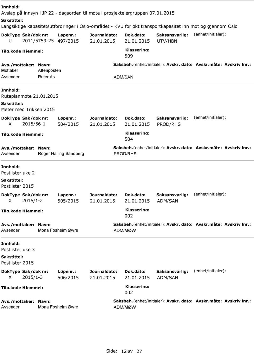 måte: Avskriv lnr.: Mottaker Aftenposten ADM/SAN Ruteplanmøte Møter med Trikken 2015 X 2015/56-1 504/2015 PROD/RHS 504 Avs./mottaker: Navn: Saksbeh. Avskr. dato: Avskr.måte: Avskriv lnr.: Roger Halling Sandberg PROD/RHS Postlister uke 2 Postlister 2015 X 2015/1-2 505/2015 ADM/SAN 002 Avs.