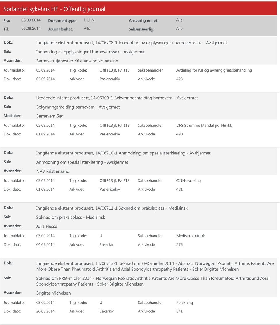 2014 Arkivdel: Pasientarkiv Arkivkode: 423 tgående internt produsert, 14/06709-1 Bekymringsmelding barnevern - Bekymringsmelding barnevern - Barnevern Sør DPS Strømme Mandal poliklinikk Dok. dato: 01.