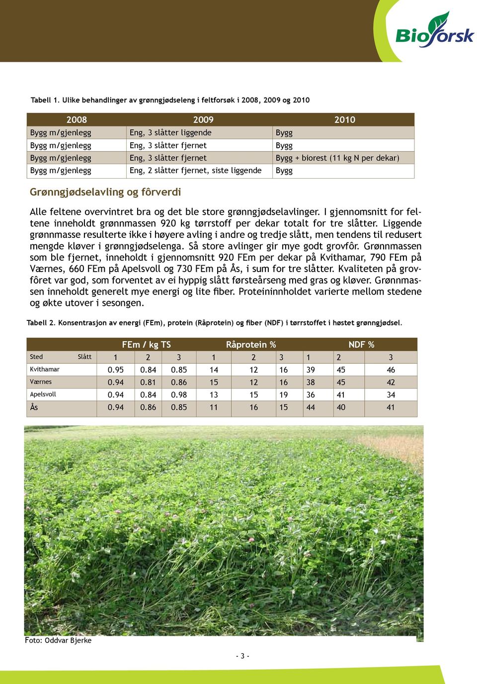 slåtter fjernet Bygg + biorest (11 kg N per dekar) Bygg m/gjenlegg Eng, 2 slåtter fjernet, siste liggende Bygg Grønngjødselavling og fôrverdi Alle feltene overvintret bra og det ble store