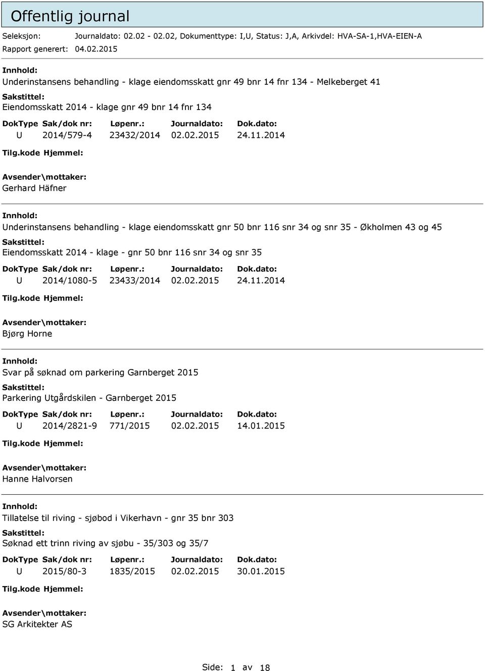 11.2014 Gerhard Häfner nnhold: nderinstansens behandling - klage eiendomsskatt gnr 50 bnr 116 snr 34 og snr 35 - Økholmen 43 og 45 Eiendomsskatt 2014 - klage - gnr 50 bnr 116 snr 34 og snr 35