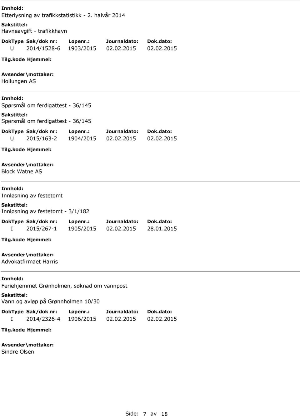 Spørsmål om ferdigattest - 36/145 2015/163-2 1904/2015 Block Watne AS nnhold: nnløsning av festetomt nnløsning av