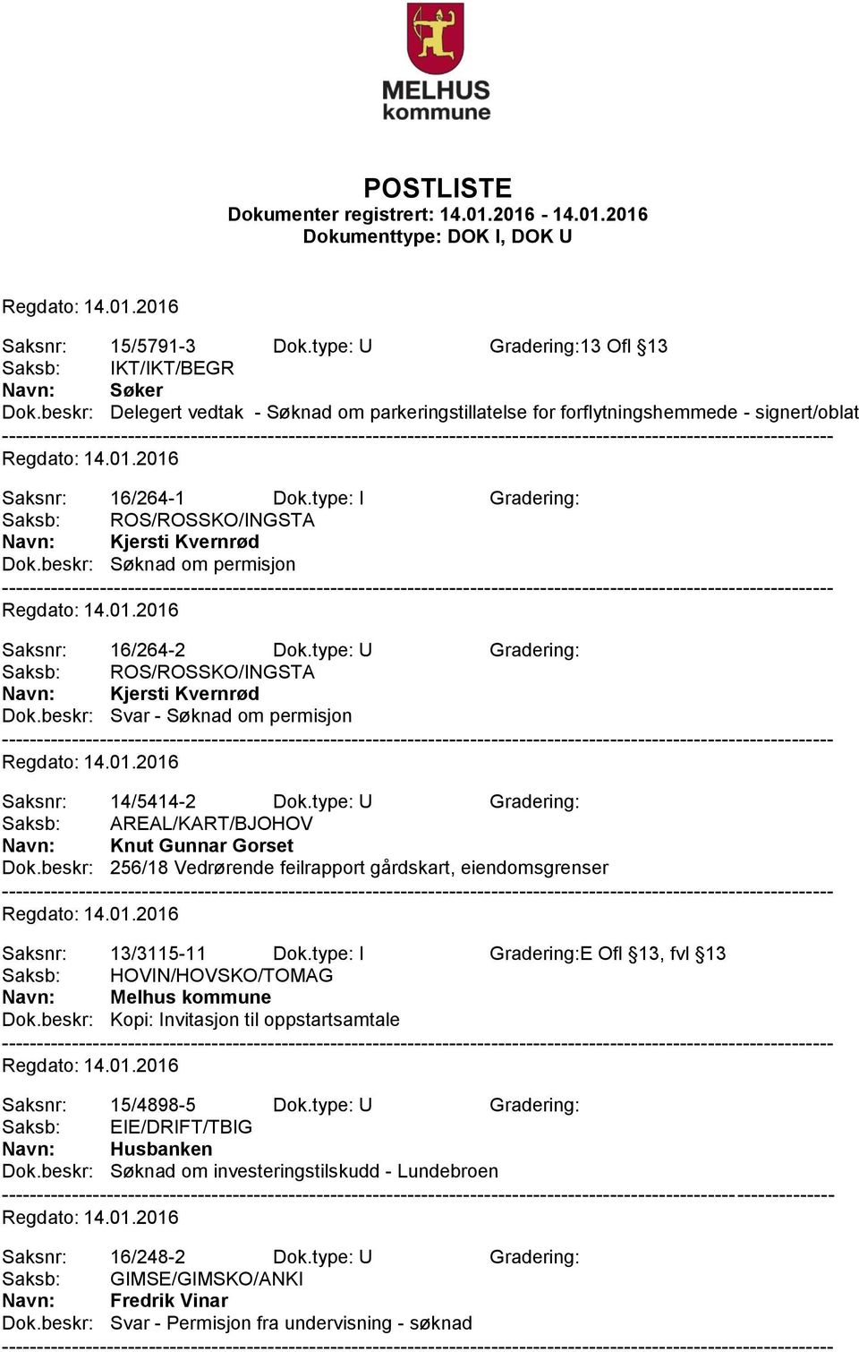 beskr: Søknad om permisjon Saksnr: 16/264-2 Dok.type: U Gradering: Navn: Kjersti Kvernrød Dok.beskr: Svar - Søknad om permisjon Saksnr: 14/5414-2 Dok.