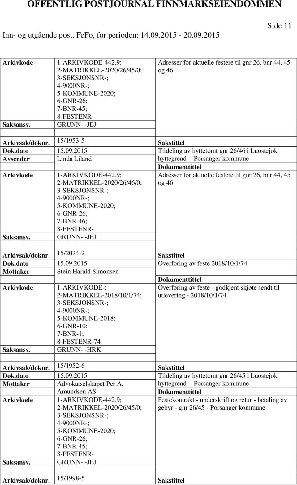 9; 2-MATRIKKEL-2020/26/46/0; Adresser for aktuelle festere til gnr 26, bnr 44, 45 og 46 5-KOMMUNE-2020; 6-GNR-26; 7-BNR-46; Arkivsak/doknr. 15/2024-2 Sakstittel Dok.dato 15.09.