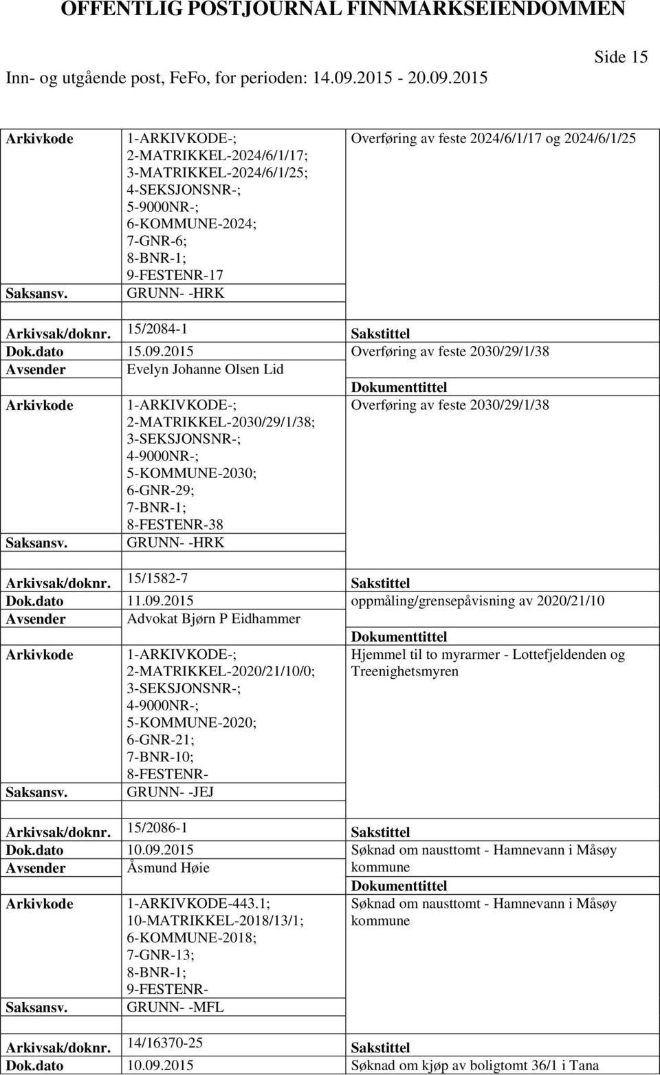 2015 Overføring av feste 2030/29/1/38 Avsender Evelyn Johanne Olsen Lid Overføring av feste 2030/29/1/38 2-MATRIKKEL-2030/29/1/38; 5-KOMMUNE-2030; 6-GNR-29; 38 Arkivsak/doknr.