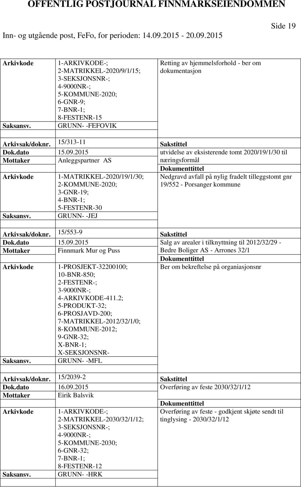 Porsanger kommune 3-GNR-19; 4-BNR-1; 5-FESTENR-30 Arkivsak/doknr. 15/553-9 Sakstittel Dok.dato 15.09.