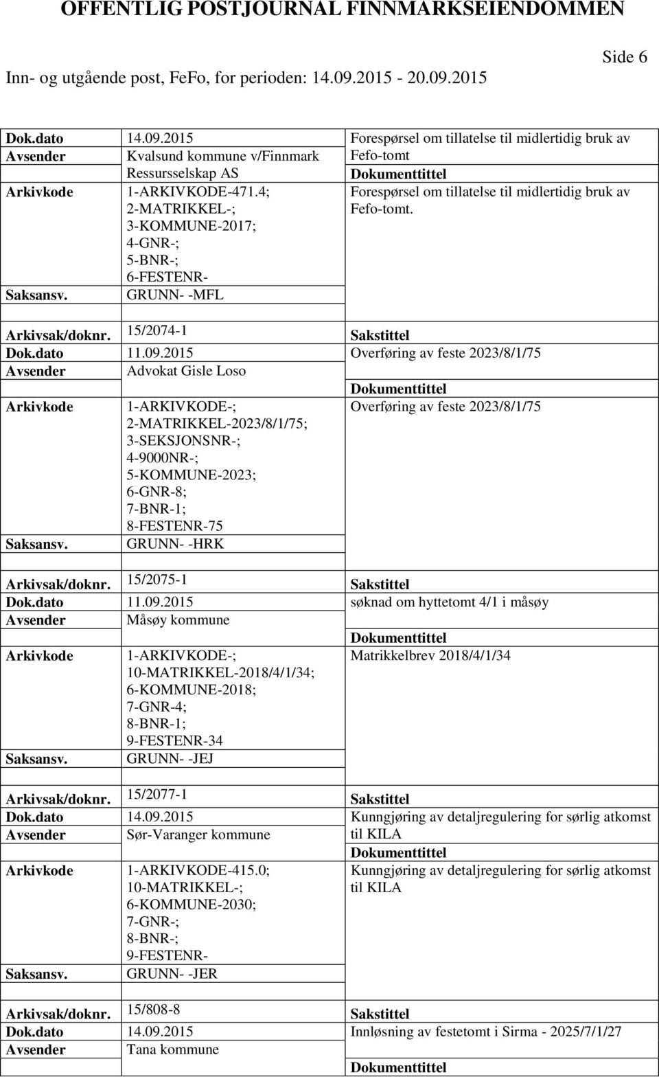 2015 Overføring av feste 2023/8/1/75 Avsender Advokat Gisle Loso Overføring av feste 2023/8/1/75 2-MATRIKKEL-2023/8/1/75; 5-KOMMUNE-2023; 6-GNR-8; 75 Arkivsak/doknr. 15/2075-1 Sakstittel Dok.dato 11.