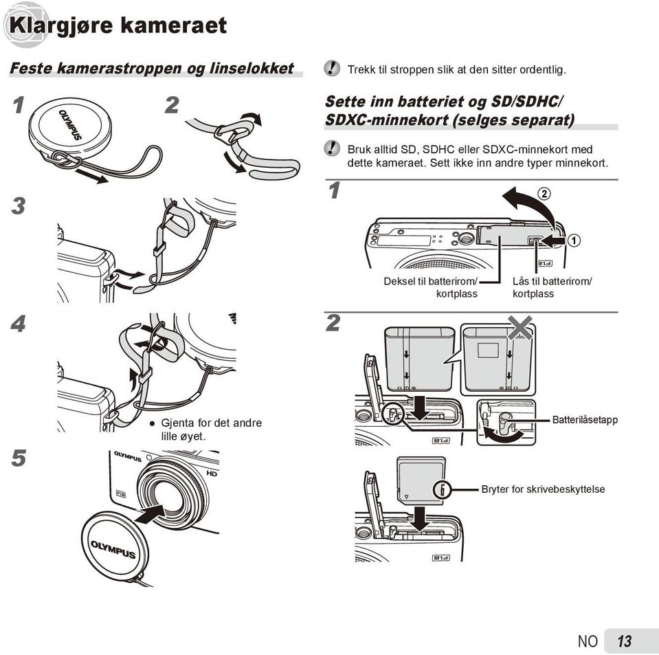 Sette inn batteriet og SD/SDHC/ SDXC-minnekort (selges separat) 1 Bruk alltid SD, SDHC eller