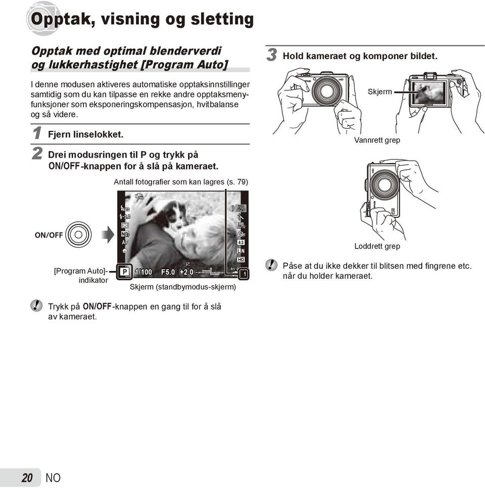 Antall fotografier som kan lagres (s. 79) 3 Hold kameraet og komponer bildet. Skjerm Vannrett grep ON -2.0 OFF AF ISO h WB 4:3 L N Loddrett grep [Program Auto]- indikator P 1/100 F5.