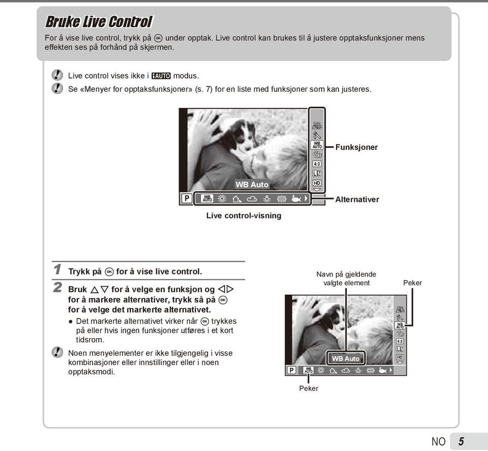 ISO h WB Funksjoner 4:3 L N WB Auto HD P WB Alternativer Live control-visning 1 Trykk på A for å vise live control.