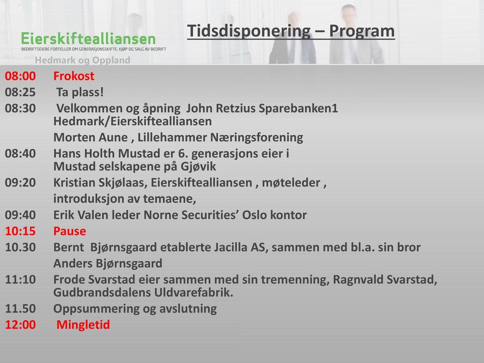 generasjons eier i Mustad selskapene på Gjøvik 09:20 Kristian Skjølaas, Eierskiftealliansen, møteleder, introduksjon av temaene, 09:40 Erik Valen leder Norne