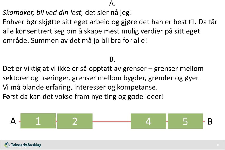 B. Det er viktig at vi ikke er så opptatt av grenser grenser mellom sektorer og næringer, grenser mellom bygder,