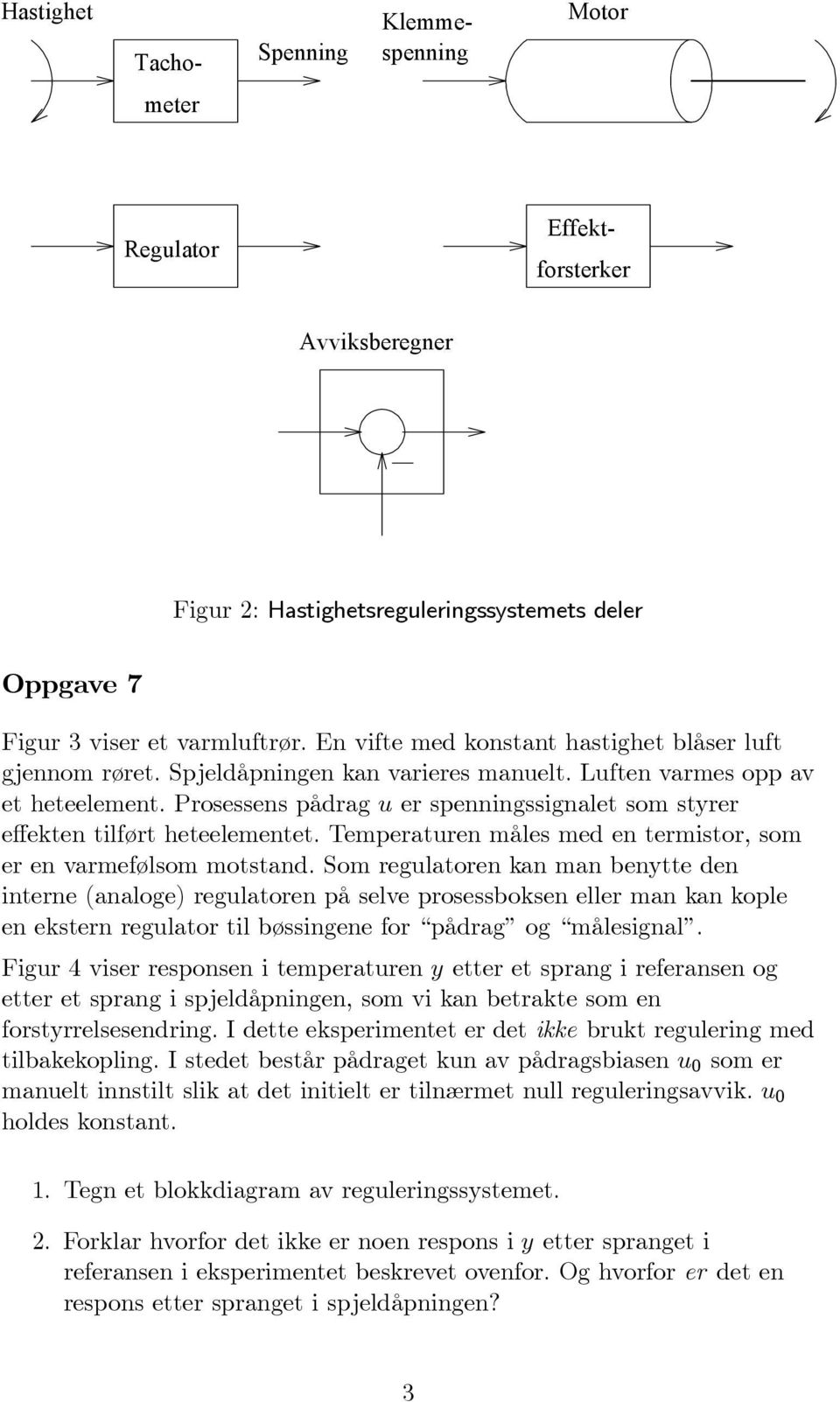 Prosessens pådrag u er spenningssignalet som styrer effekten tilført heteelementet. Temperaturen måles med en termistor, som er en varmefølsom motstand.