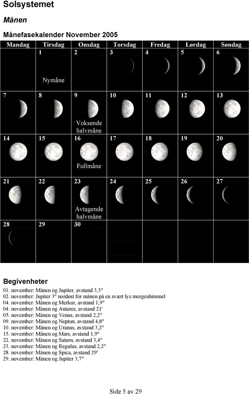 november: Månen og Merkur, avstand 1,9 04. november: Månen og Antares, avstand 21' 05. november: Månen og Venus, avstand 2,2 09. november: Månen og Neptun, avstand 4,8 10.