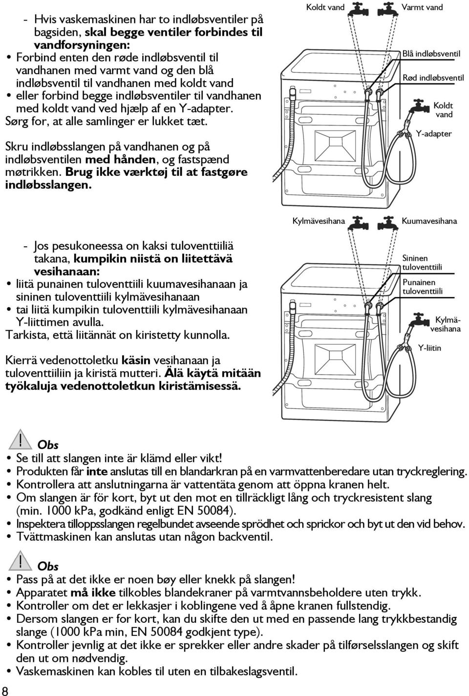 Skru indløbsslangen på vandhanen og på indløbsventilen med hånden, og fastspænd møtrikken. Brug ikke værktøj til at fastgøre indløbsslangen.