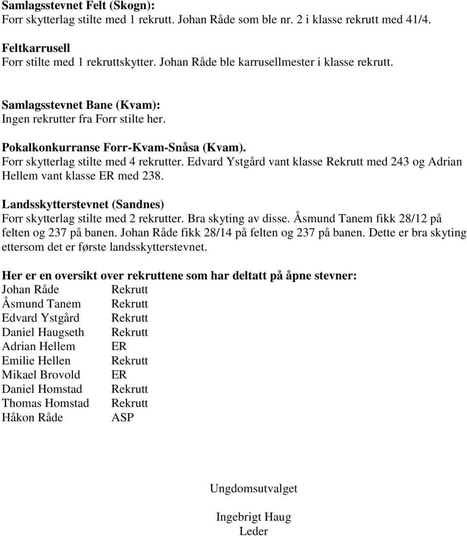 Edvard Ystgård vant klasse Rekrutt med 243 og Adrian Hellem vant klasse ER med 238. Landsskytterstevnet (Sandnes) Forr skytterlag stilte med 2 rekrutter. Bra skyting av disse.