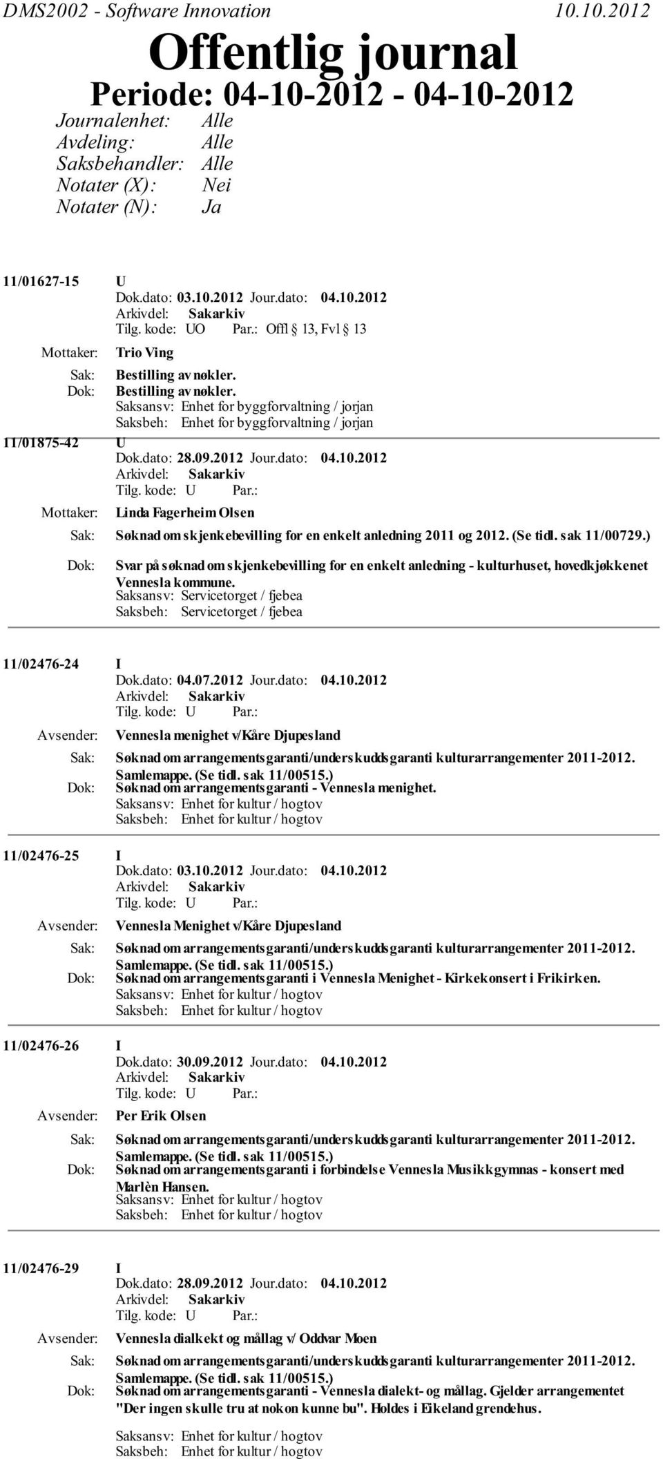 2012 Jour.dato: 04.10.2012 Tilg. kode: U Linda Fagerheim Olsen Søknad om skjenkebevilling for en enkelt anledning 2011 og 2012. (Se tidl. sak 11/00729.