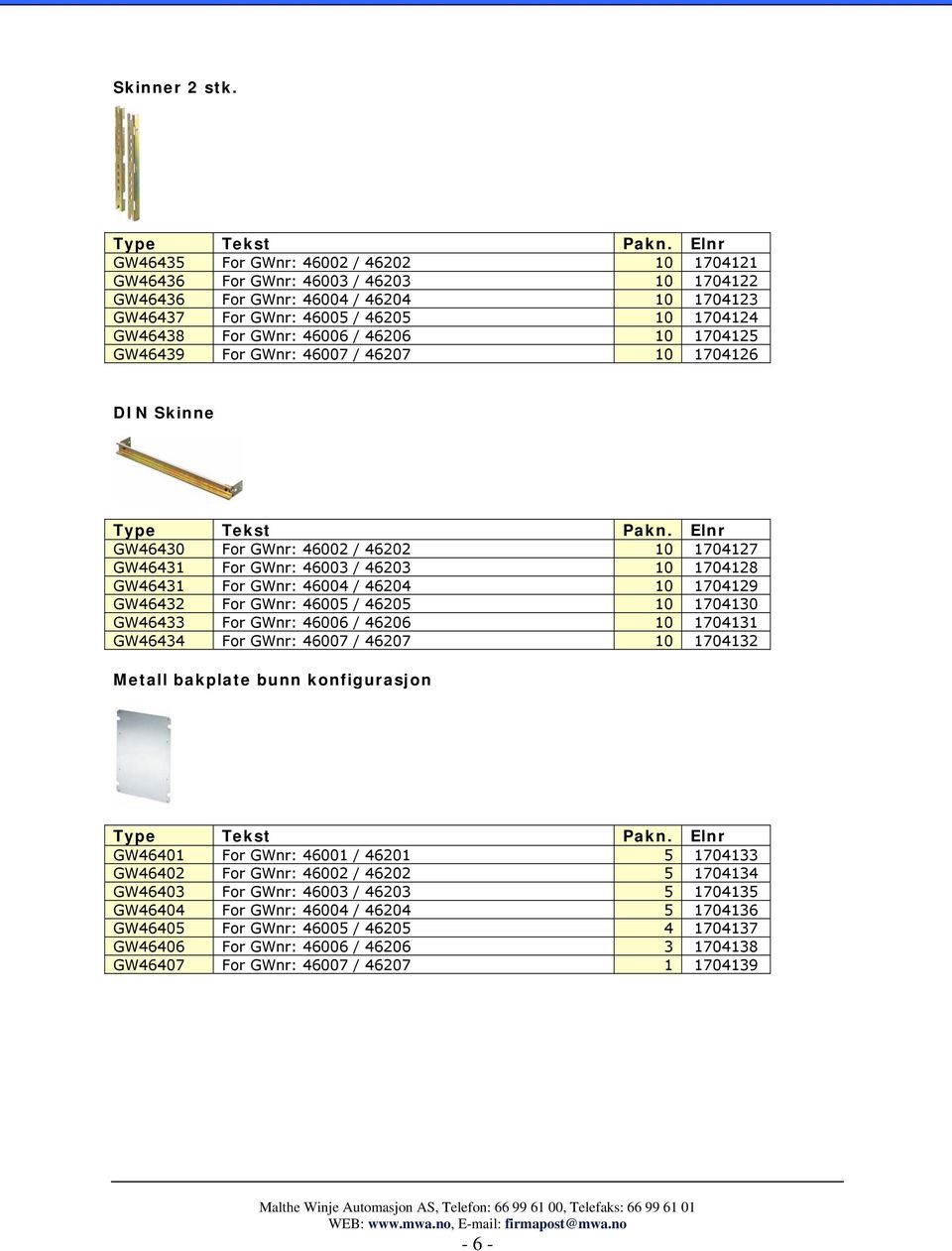 46206 10 1704125 GW46439 For GWnr: 46007 / 46207 10 1704126 DIN Skinne GW46430 For GWnr: 46002 / 46202 10 1704127 GW46431 For GWnr: 46003 / 46203 10 1704128 GW46431 For GWnr: 46004 / 46204 10 1704129