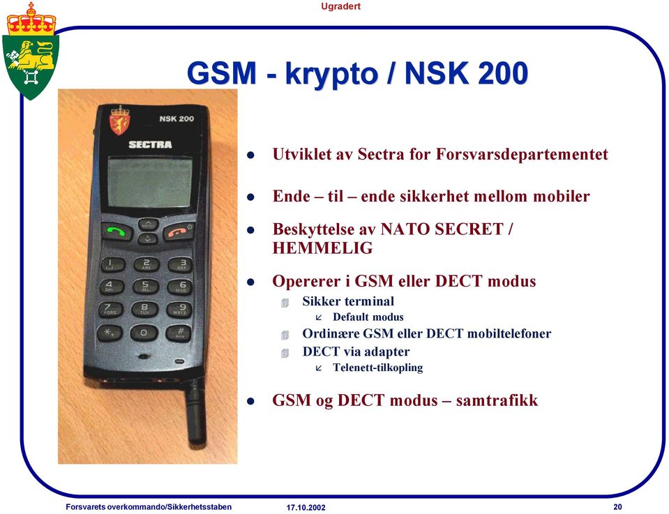 eller DECT modus Sikker terminal Default modus Ordinære GSM eller DECT