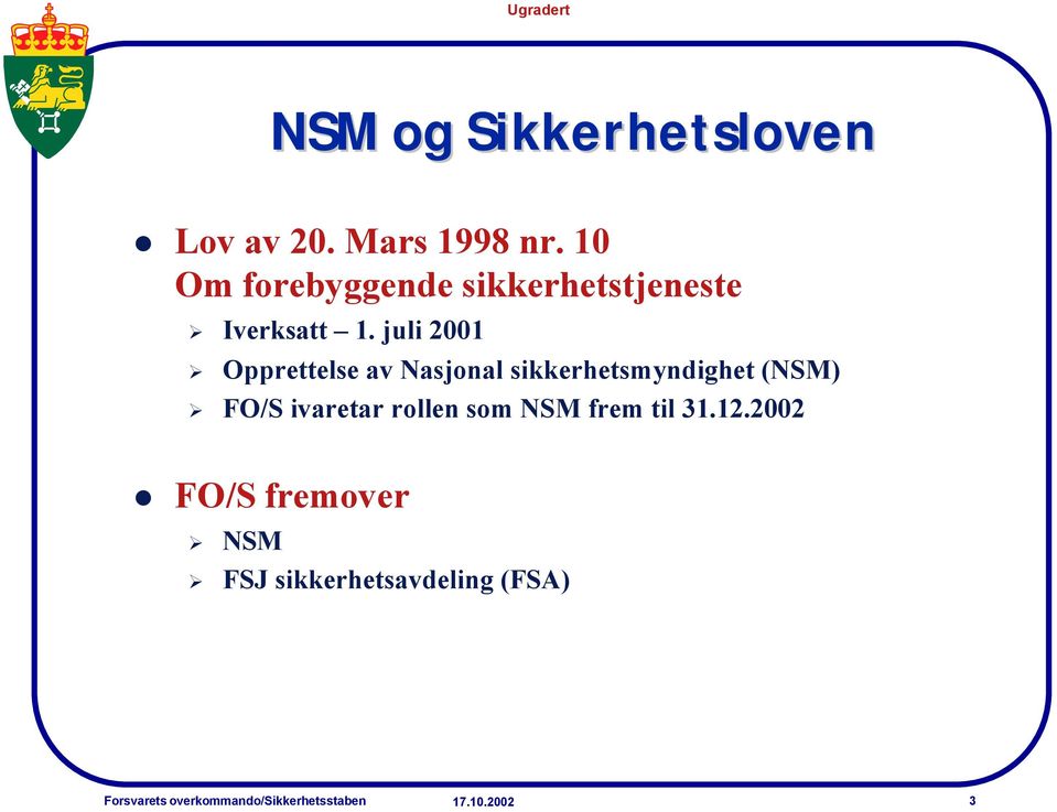 juli 2001 Opprettelse av Nasjonal sikkerhetsmyndighet (NSM) FO/S