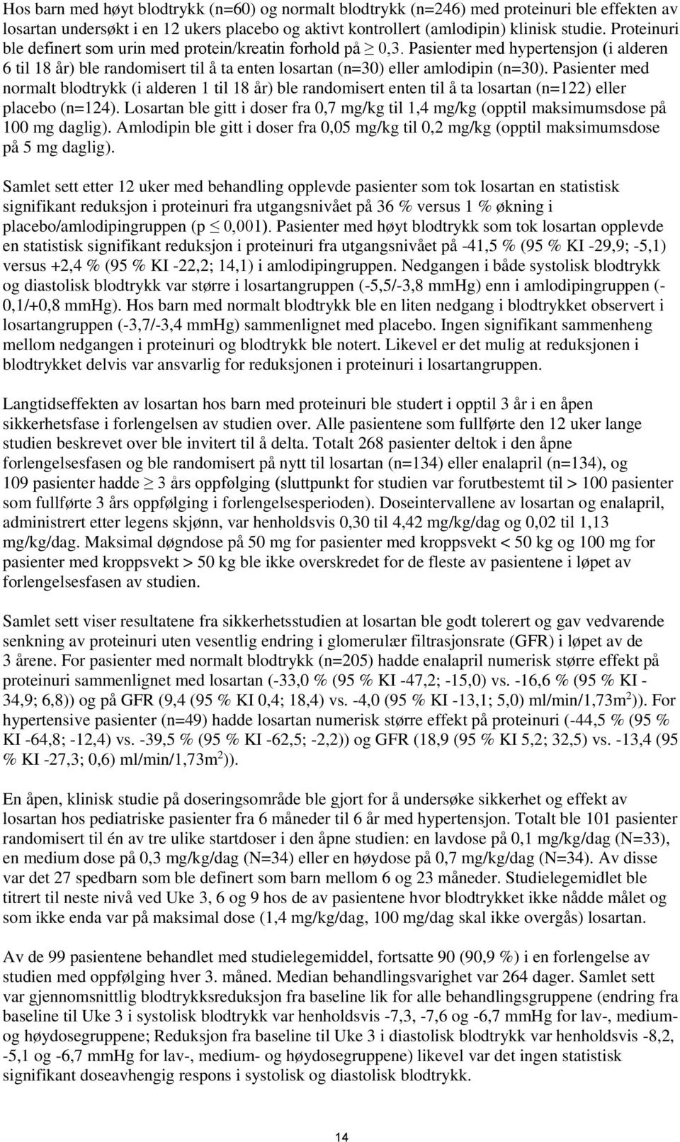 Pasienter med normalt blodtrykk (i alderen 1 til 18 år) ble randomisert enten til å ta losartan (n=122) eller placebo (n=124).