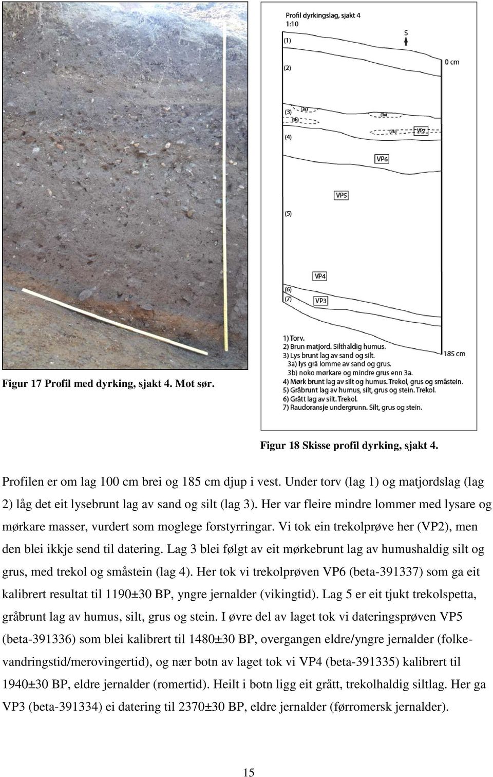 Vi tok ein trekolprøve her (VP2), men den blei ikkje send til datering. Lag 3 blei følgt av eit mørkebrunt lag av humushaldig silt og grus, med trekol og småstein (lag 4).