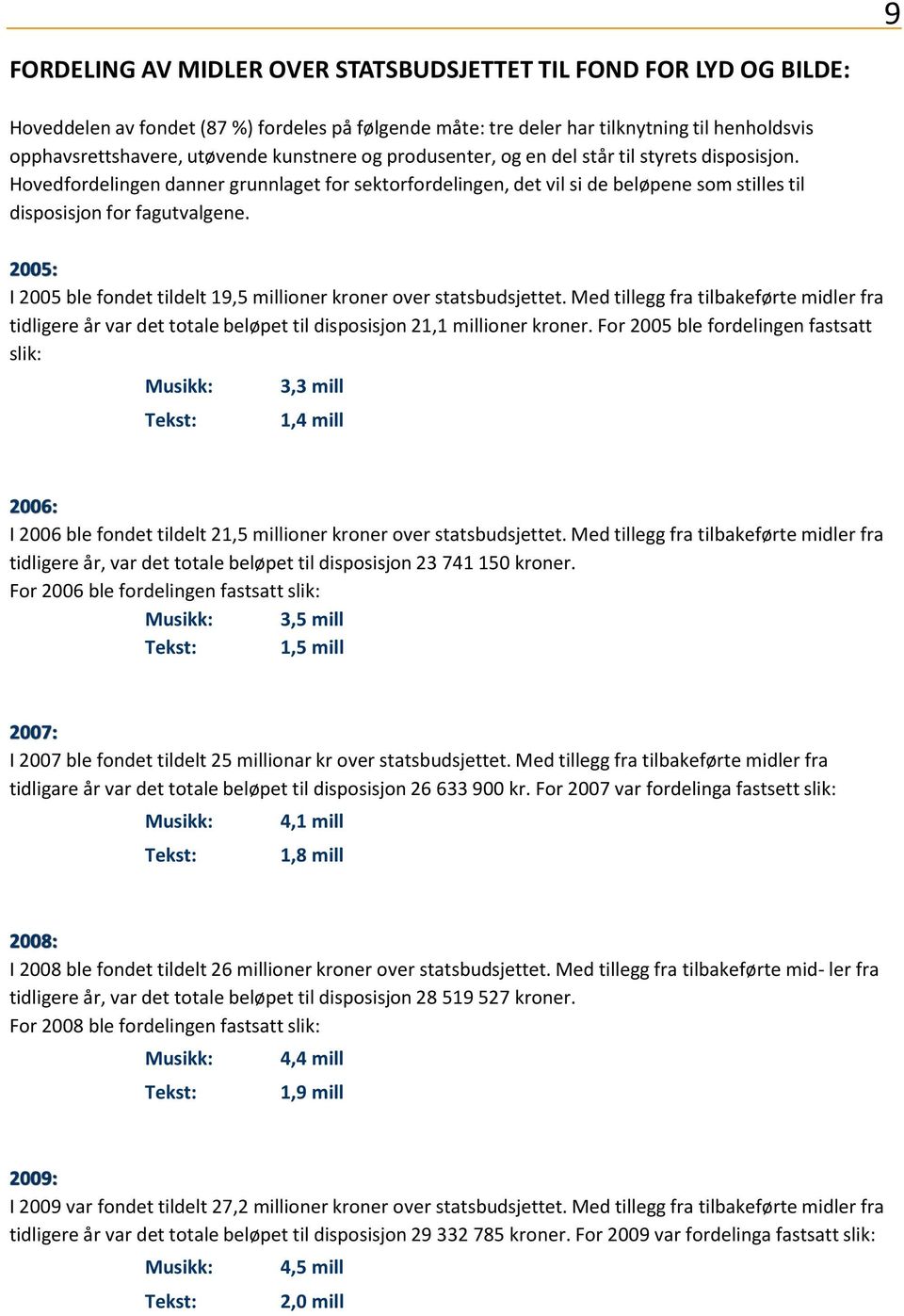 2005: I 2005 ble fondet tildelt 19,5 millioner kroner over statsbudsjettet. Med tillegg fra tilbakeførte midler fra tidligere år var det totale beløpet til disposisjon 21,1 millioner kroner.