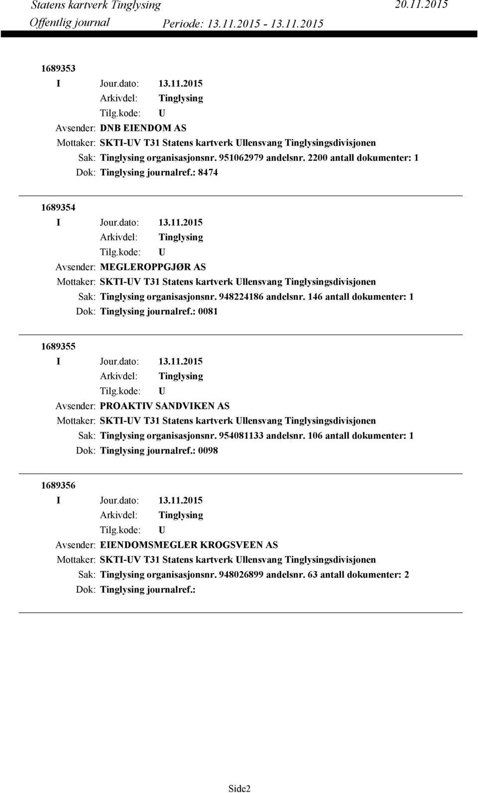 146 antall dokumenter: 1 Dok: journalref.: 0081 1689355 Avsender: PROAKTIV SANDVIKEN AS organisasjonsnr. 954081133 andelsnr.