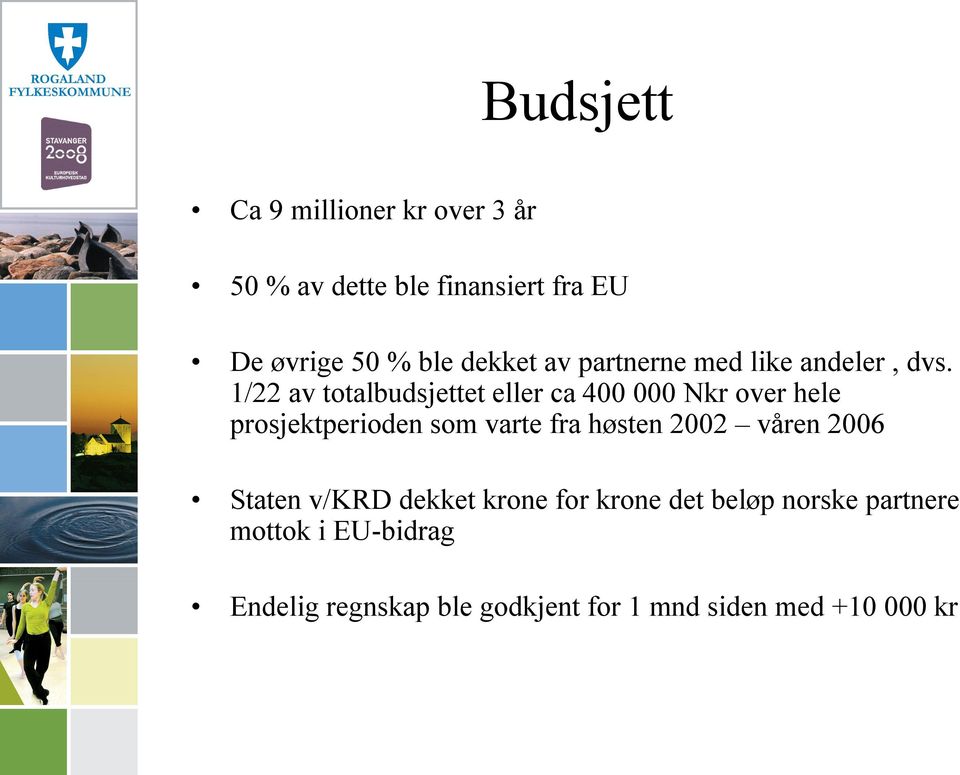 1/22 av totalbudsjettet eller ca 400 000 Nkr over hele prosjektperioden som varte fra høsten