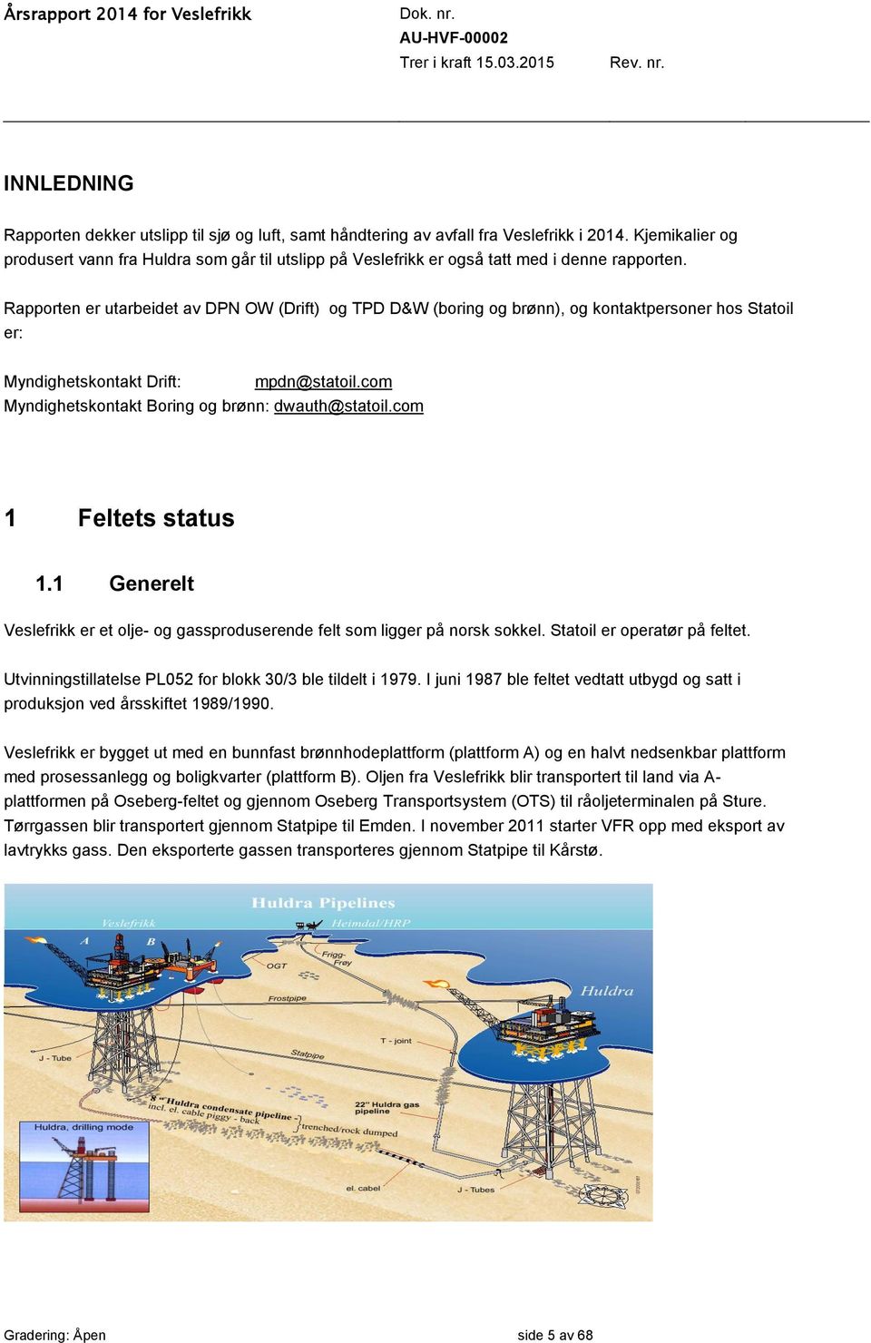 Rapporten er utarbeidet av DPN OW (Drift) og TPD D&W (boring og brønn), og kontaktpersoner hos Statoil er: Myndighetskontakt Drift: mpdn@statoil.com Myndighetskontakt Boring og brønn: dwauth@statoil.